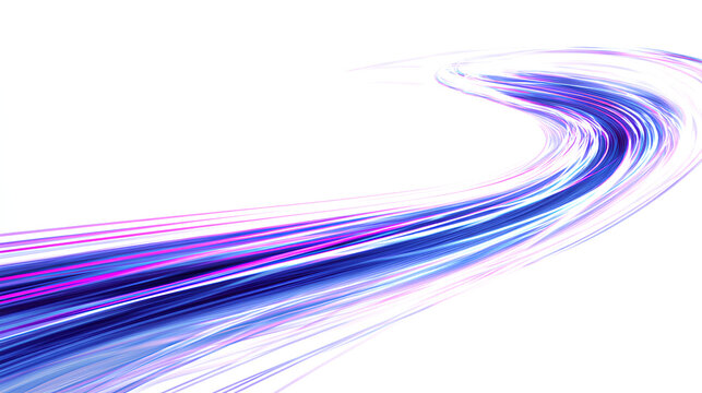 Light trail wave, fire path trace line, car lights, optic fiber and incandescence curve twirl, abstract background in blue and purple neon glow colors on white background Stock Illustration 