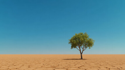 Lone tree stands in barren desert under clear blue sky, symbolizing resilience and solitude