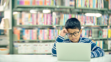 A young student using a laptop in a library, focusing on learning and digital education. Ideal for themes of study, technology, knowledge, childhood, and e-learning.
