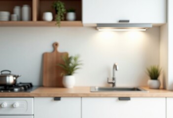 Fototapeta premium Marble empty white table top fron view, blur minimalistic scandy kitchen interior background in brown wooden colour and light wood, for montage product display or design key visual layout