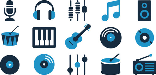 music instrument icons vector set featuring microphones, guitars, pianos and speakers ideal for music apps, studio branding and event graphics.
