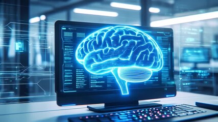 A glowing, digital brain displayed on a monitor with keyboard. Futuristic technology, science concept - Powered by Adobe
