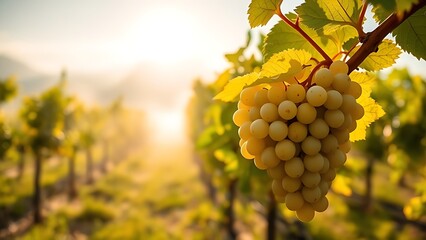 torrontes. Sunlight through morning mist on a cluster of white grapes in a vineyard. bar promotions, beverage menus, designed for food & beverage menus and cafe branding, enhances appetite appeal.