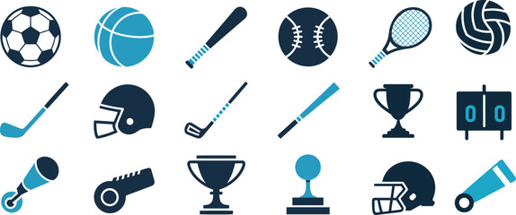 sports equipment icons vector set including football, tennis, golf and trophy symbols perfect for athletic branding, fitness apps and sports media.