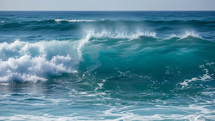 Fototapeta premium Dynamic turquoise ocean waves crashing with foamy white crests, showcasing the immense power and captivating beauty of the sea's natural rhythm and endless movement