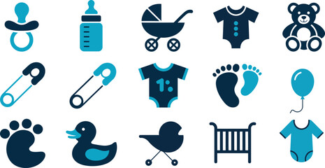 baby shower elements vector illustration featuring cute newborn decorations ideal for party invitations, nursery themes and celebration artwork.