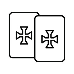 Obraz premium Outline icon of two game or tarot cards featuring a cross symbol, possibly a Maltese or Iron Cross, suggesting themes of games, fate, spirituality, or medieval chivalry.
