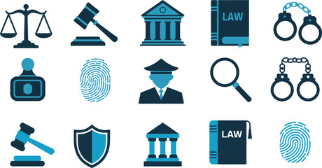 law justice icons vector illustration featuring courthouse, scales and legal symbols perfect for attorneys, legal services and governance themes.