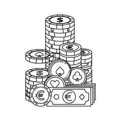 Stacks of Casino Poker Chips, Dollar & Euro Currency, and Money Notes - Outline Icon Vector