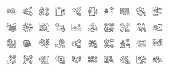 Fototapeta premium Neuromarketing and biometrics line icon set. Vector pictograms of brain, eye scan, fingerprint, shield, psychology, AI analysis, technology, thin outline illustration.