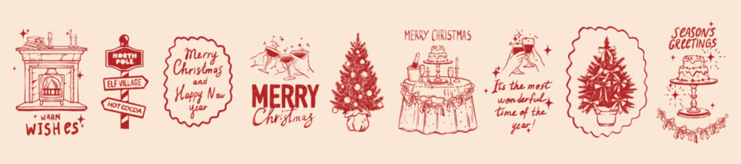 Obraz premium Christmas doodle illustration, New Year whimsical postcard print set, winter holiday decoration. Hand drawn festive table, pine tree, cosy fireplace, retro party invitation graphic. Christmas doodle