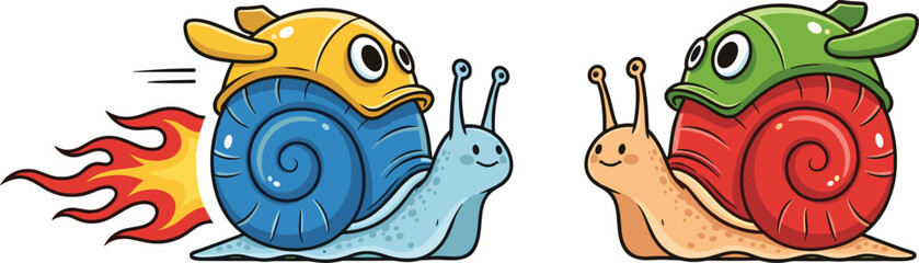 Funny racing snails, cartoon speed concept, whimsical snail illustration, colorful helmets, playful animal art, fast snail parody, creative humor