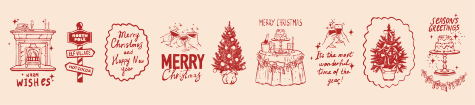 Christmas doodle illustration, New Year whimsical postcard print set, winter holiday decoration. Hand drawn festive table, pine tree, cosy fireplace, retro party invitation graphic. Christmas doodle