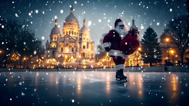 Santa Claus ice skating in front of the Basilica of the Sacred Heart of Jesus Christ in Paris during a snowfall.