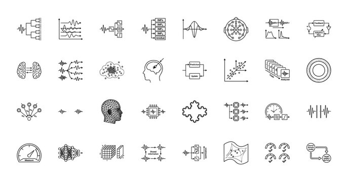 Neuroscience line icon set. Vector pictograms of brain activity, eeg signals, adaptive filters, neural networks, and data analysis, thin outline illustration.