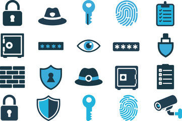 security privacy protection vector artwork highlighting data safety with lock, key, fingerprint and shield symbols ideal for digital safety, cybersecurity and encryption themes.