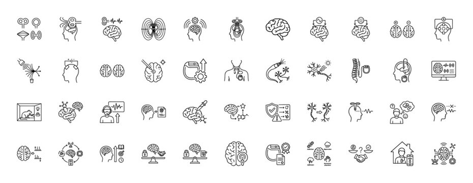 Neuroscience and artificial intelligence line icon set. Vector pictograms of brain activity, neural networks, dbs, and bio-implants, thin outline illustration.