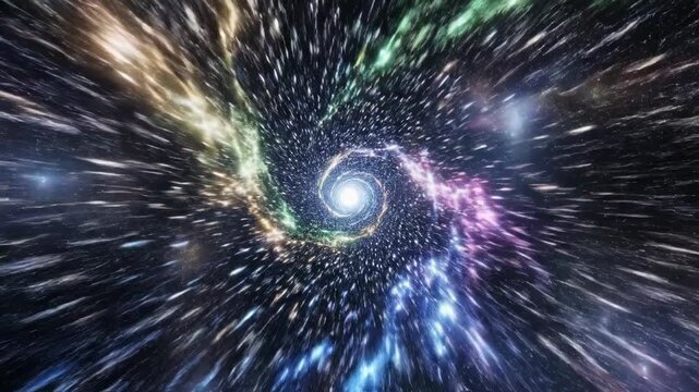 Fast zooming through an endless deep space light trail spiral tunnel simulating warp speed travel or time dilation abstract, travel, seamless