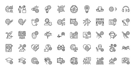 Creative and cognitive process line icon set. Vector pictograms of brain activity, art, music, education, and technology, thin outline illustration.