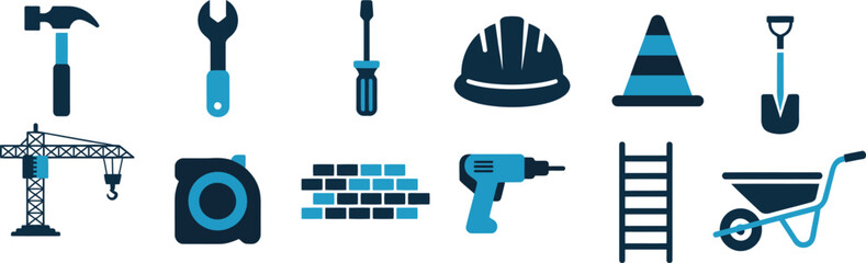construction tools equipment vector artwork including essential building, repair and maintenance tools ideal for service branding, signage and instructional graphics.