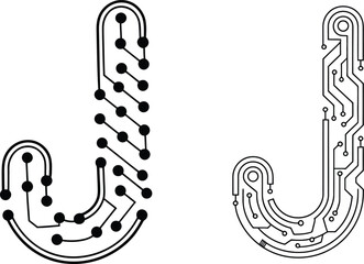 circuit board j letter vector design using electronic components and motherboard details to form a futuristic monogram perfect for tech branding and engineering themes.