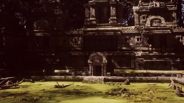 The ancient temple in Cambodia showcases intricate carvings, partially submerged in murky water. Lush vegetation encroaches on the stone structures, hinting at its forgotten history.