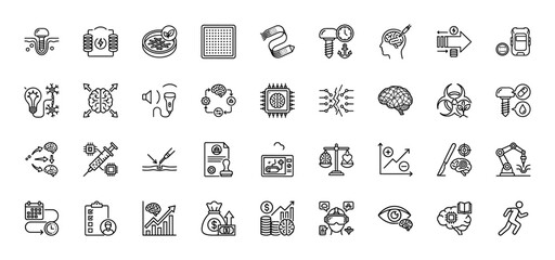 Biotechnology and research line icon set. Vector pictograms of brain, syringe, chip, and data analysis, thin outline illustration.