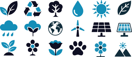 eco friendly sustainability icons vector collection portraying renewable energy, recycling and green living concepts ideal for environmental projects and branding.