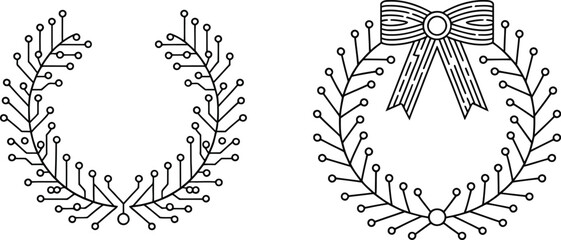 circuit board christmas wreath vector design merging festive greenery with digital microchip patterns for a unique modern holiday decoration aesthetic.