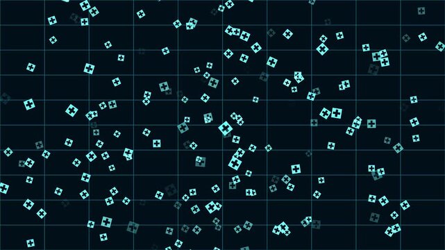 High-tech abstract animation showing a grid interface with glowing particle elements floating and moving dynamically. The sci-fi visual style resembles data analysis, virtual worlds, AI processing, an
