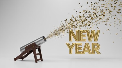 A festive cannon launches a stream of golden confetti towards shimmering 3D "NEW YEAR" text, celebrating new beginnings.