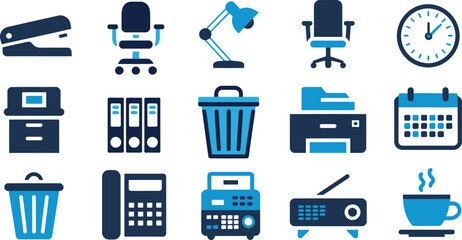 office supplies icons vector set featuring stationery, desk tools and workplace essentials ideal for business presentations, organizational designs and branding.