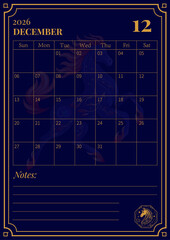 2026 December Calendar Page with Zodiac Horse