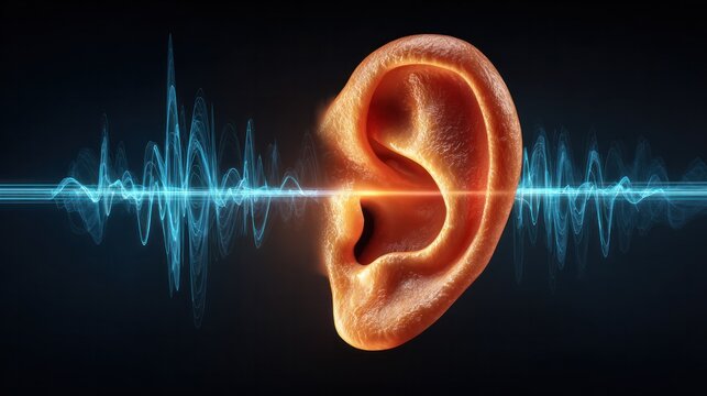 Hearing the Soundwaves: Captivating visualization of an ear illuminated by light with sound waves. Reflecting the auditory experience, conveying the essence of sound perception.