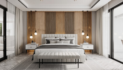 Contemporary luxury hotel room interior with a comfortable double bed, lamp, and window view