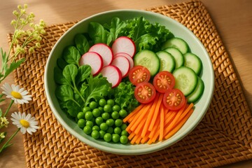 Fresh vegan salad bowl with spinach, lettuce, radish, cucumber, tomato, peas, and carrots for healthy eating