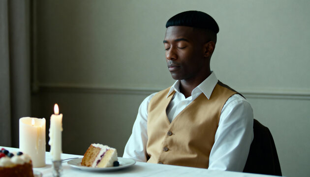 Young Black man making a wish with eyes closed at a birthday celebration. Stylish male sitting at a table with a slice of cake and lit candles