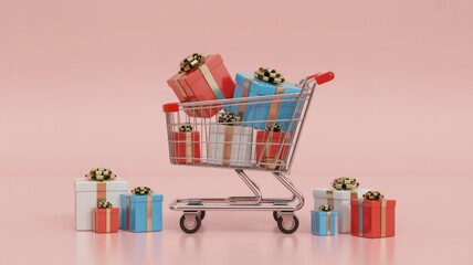 Colorful gift boxes, gold bows, fill shopping cart and scatter on pink background. Represents festive shopping, sales, gifting.
