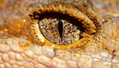 Extreme close up macro view of a reptile's textured golden scaly skin and vertical slit eye