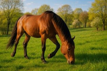 Horse grazing in a meadow, enjoying fresh green grass. Showing animal in nature, freedom, and wellbeing