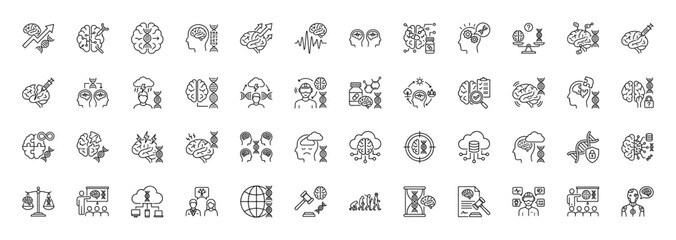 Neuroscience line icon set. Vector pictograms of brain, dna, psychology, and mental health concepts, thin outline illustration.