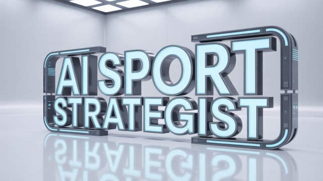 Striking 3D text "AI SPORT STRATEGIST" glows in blue and grey within a sleek, futuristic room, symbolizing advanced strategic integration.