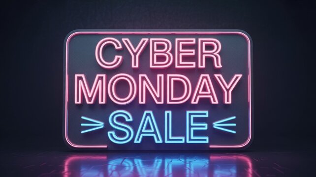 A vibrant neon sign displays "CYBER MONDAY SALE" in glowing pink and blue, set against a dark, reflective background, announcing a major shopping event.