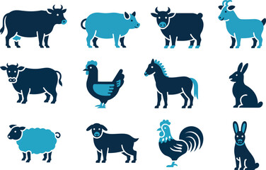farm animals vector set featuring cows, pigs, horses, sheep, goats and chickens crafted for agricultural branding, education and rural-themed designs.