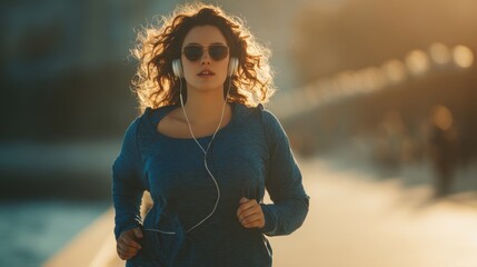 Plus-size Woman Jogging at Sunrise with Headphones, Enjoying Morning Exercise in Urban Setting with Sunlight and Shadows