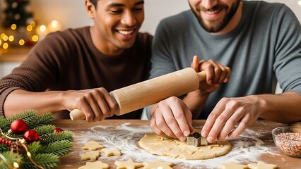 Couple baking Christmas cookies, intimate kitchen setting 