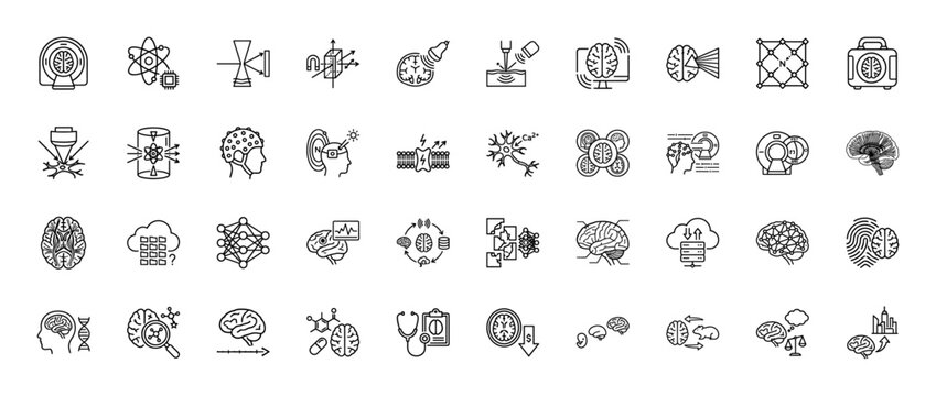 Neuroscience and artificial intelligence line icon set. vector pictograms of brain scans, deep learning, dna, and memory, thin outline illustration.