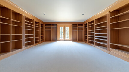 Expansive walk in closet with organized shelving, natural light, empty, serene atmosphere