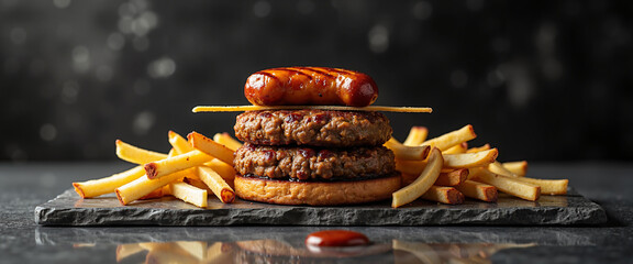 Gourmet burger with double patties and fries on dark background  