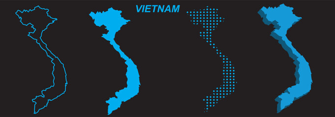 Vietnam Map Vector Set, Southeast Asia Outline Silhouette Dotted 3D Solid Shapes, Vietnam Country Infographic Template, Editable EPS Vietnam Geography